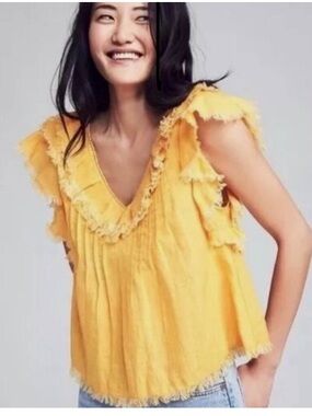 Faherty Yosepha Marigold Linen Fringe Ruffle Blouse - Size Small